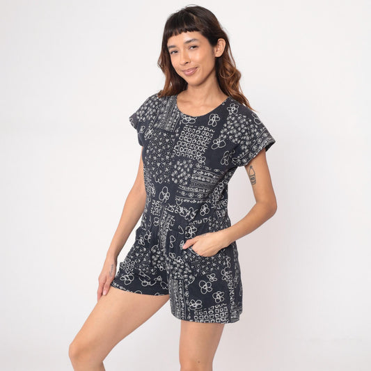 90s Black Bandana Floral Romper Cotton Scoop Neck Short Sleeve Playsuit Large
