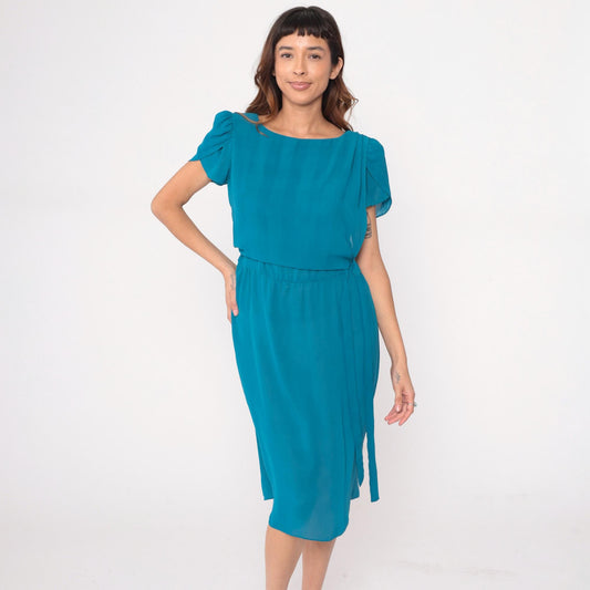 80s Alison Peters Teal Puff Sleeve Dress Boat Neck Tie Belt Knee-Length Small