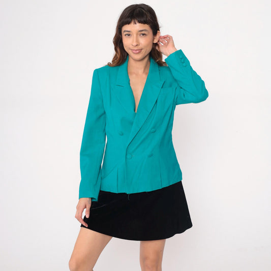90s Gilmor Teal Double-Breasted Blazer Peaked Lapels Structured Medium