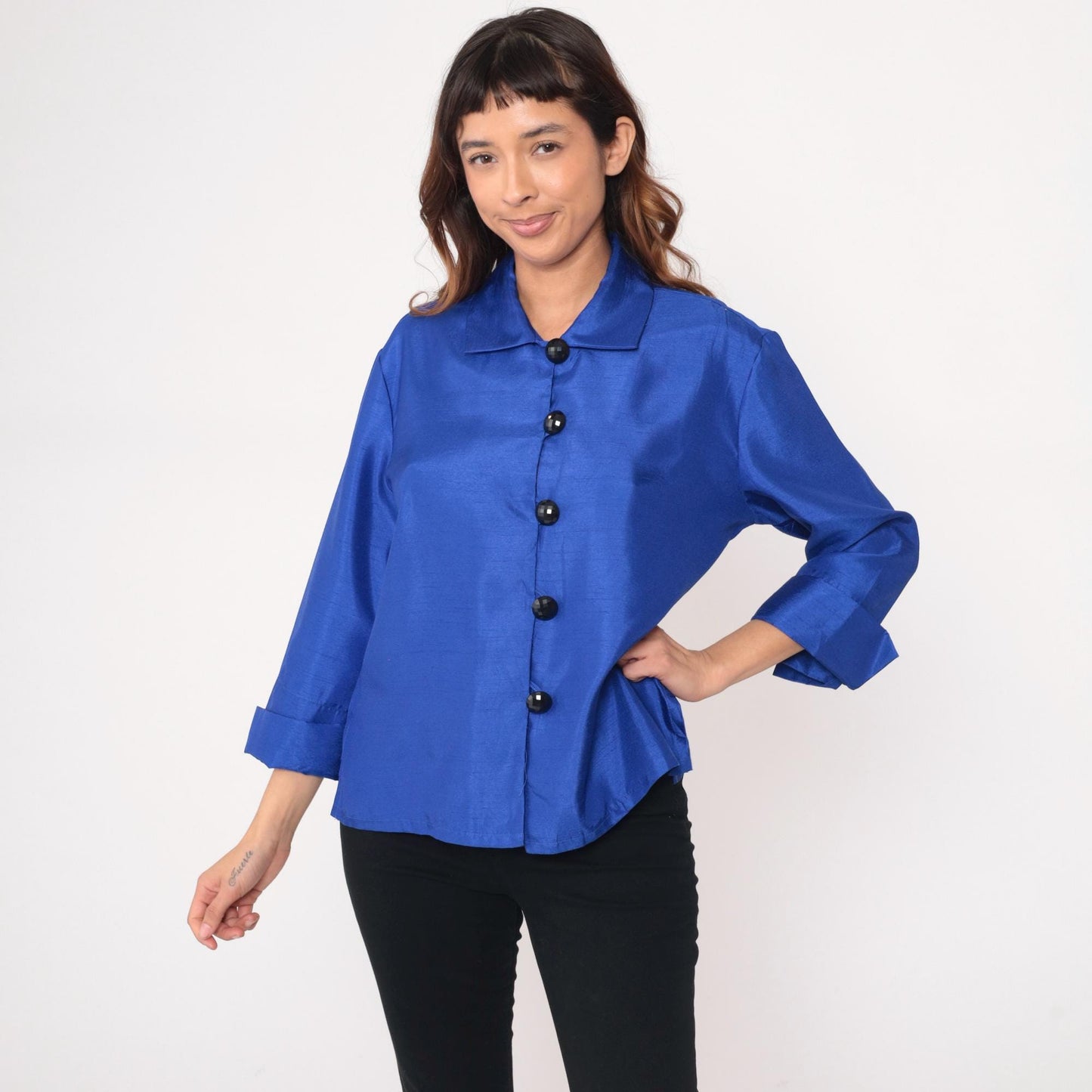 Y2K Royal Blue Button-Front Blouse Drapers Studio Collared Three-Quarter Sleeve Medium