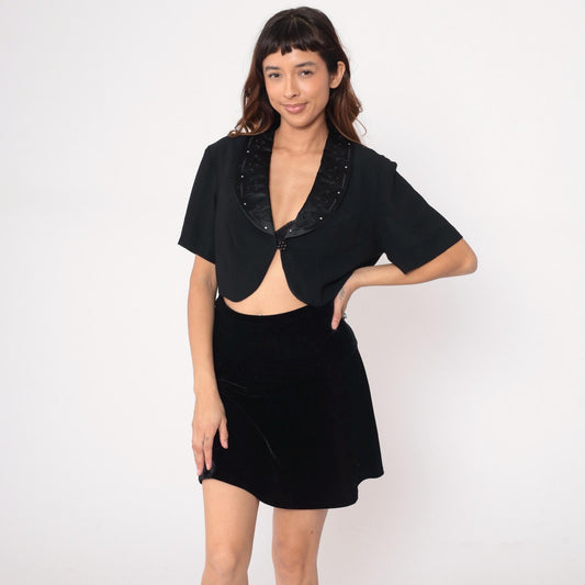 90s Black Rhinestone Bolero Jacket Cropped Satin Collar Short Sleeve Large L