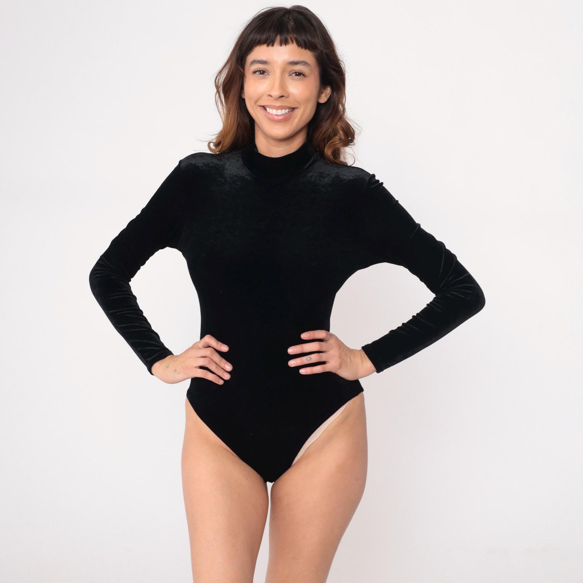90s Black Velvet Bodysuit Turtleneck Keyhole Back Medium M