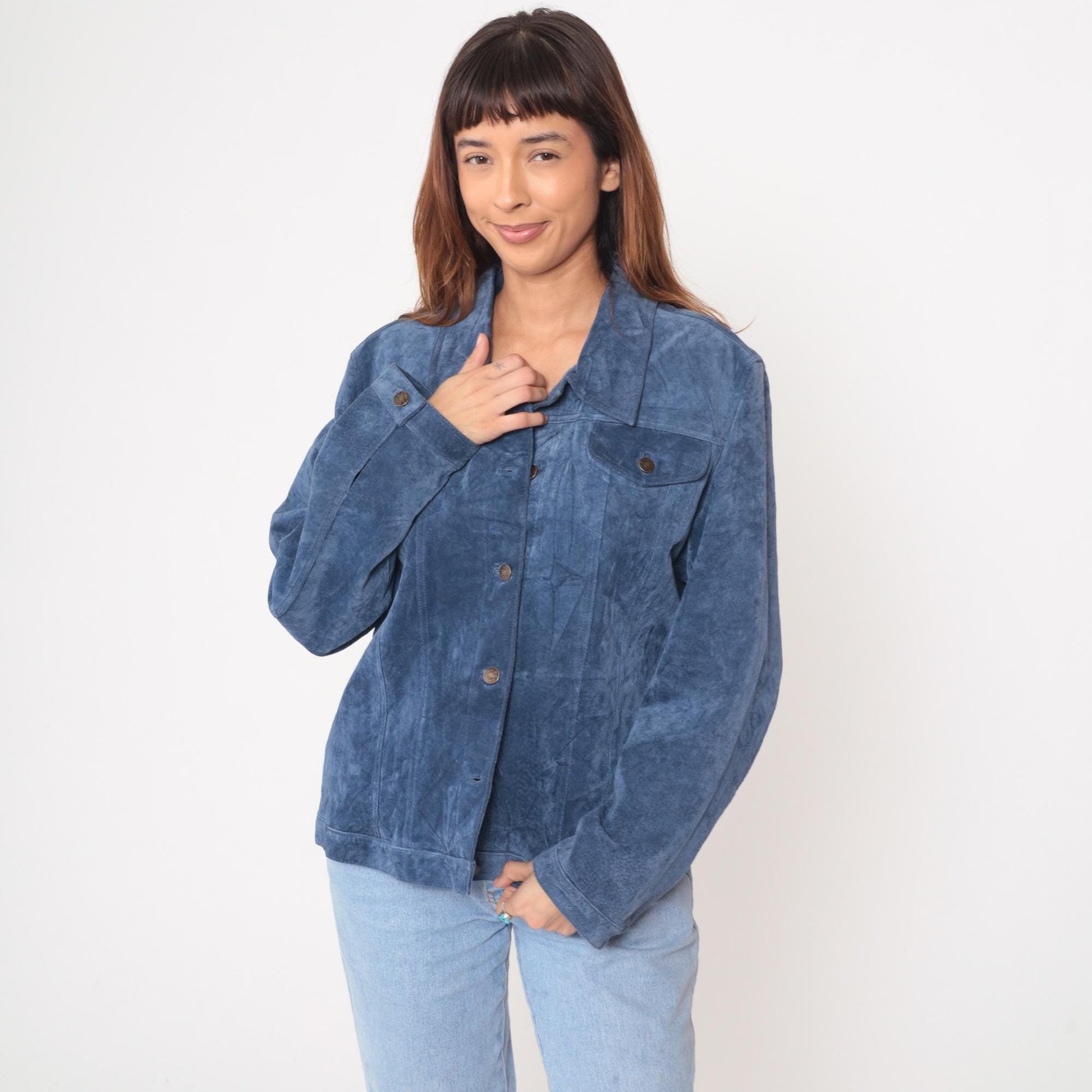 Y2K Blue Suede Jacket Collared Trucker Western Chest Pockets Extra Large