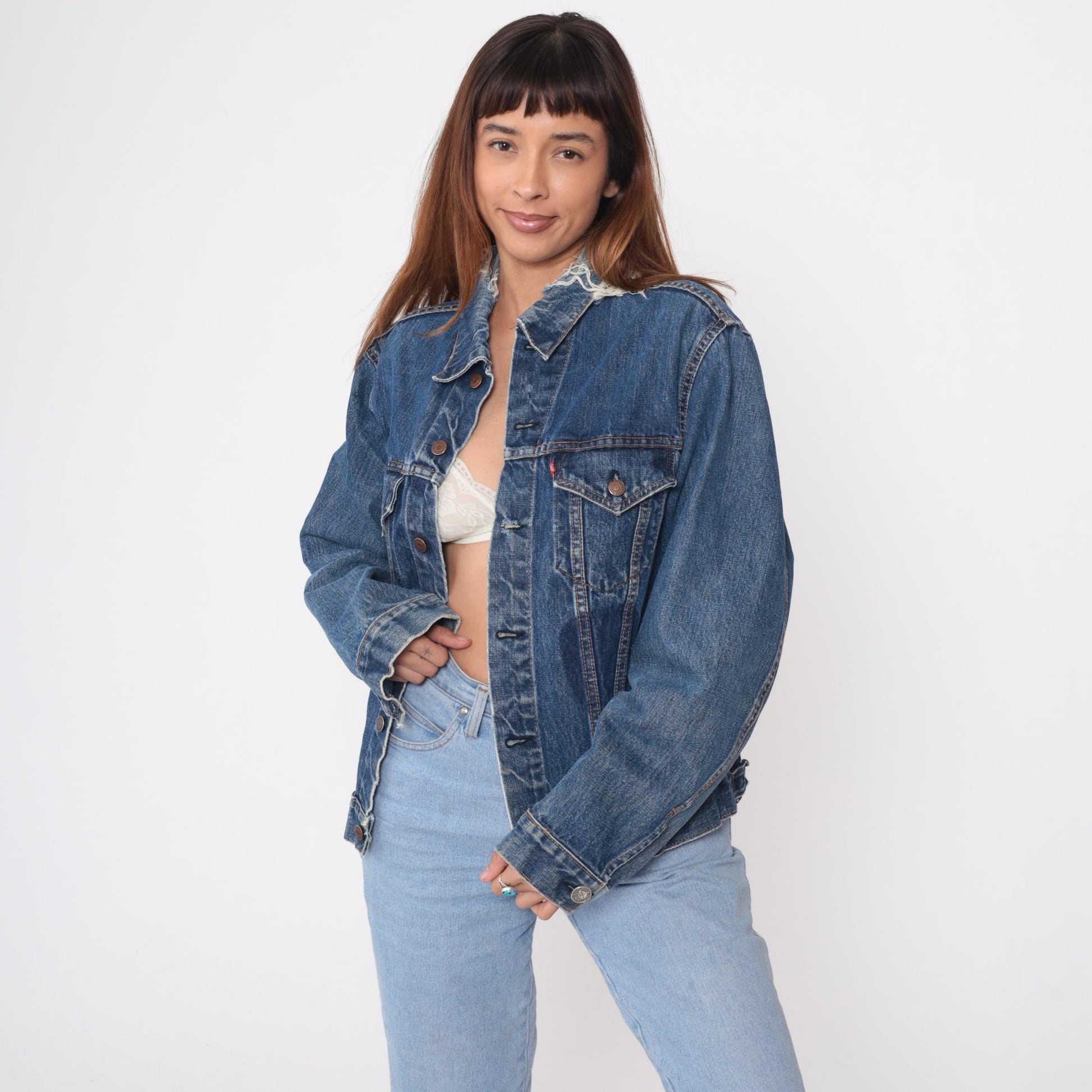 70s Levi's Denim Jacket Medium Blue Washed Distressed Trucker