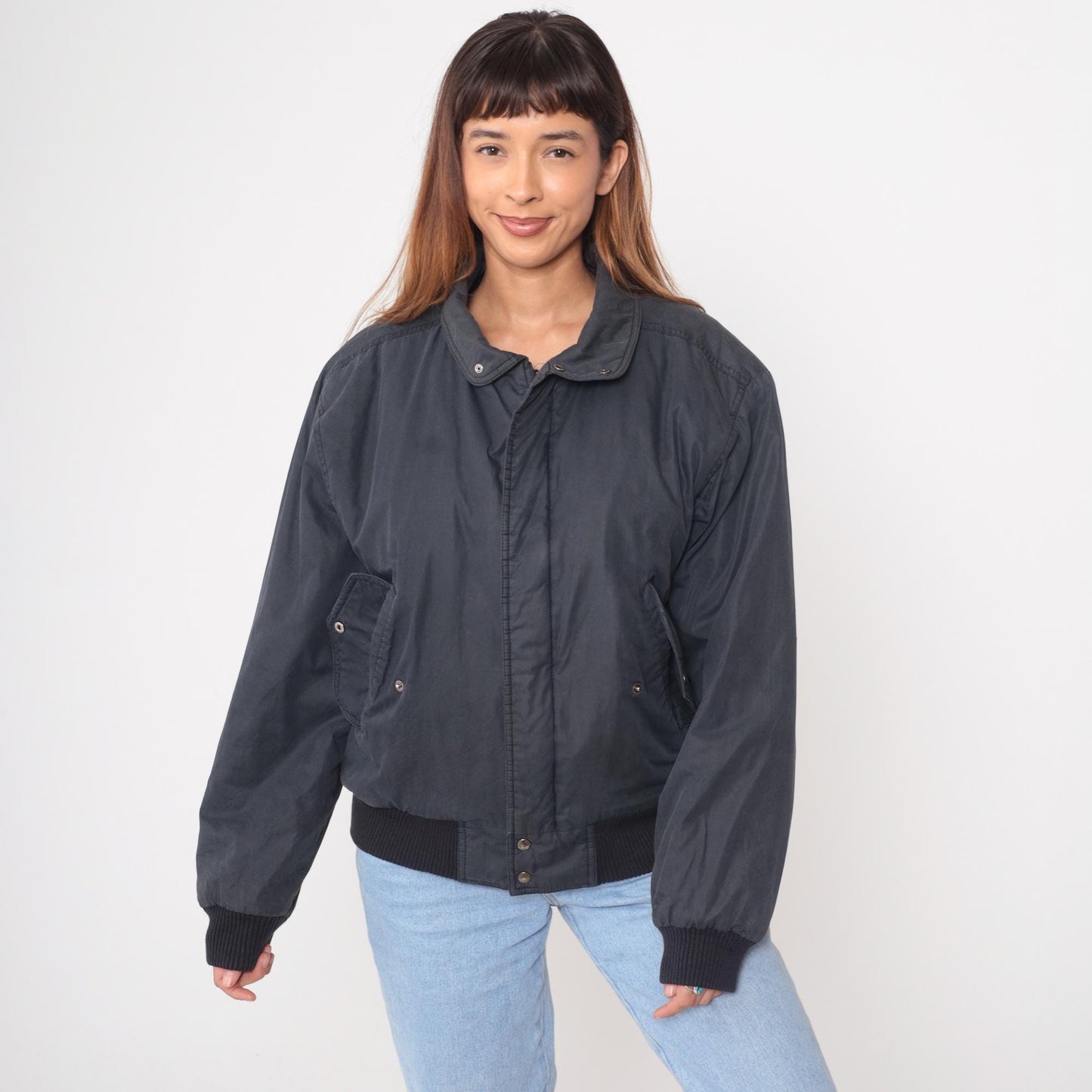 80s Members Only Bomber Jacket Black Raglan Snap Front Large