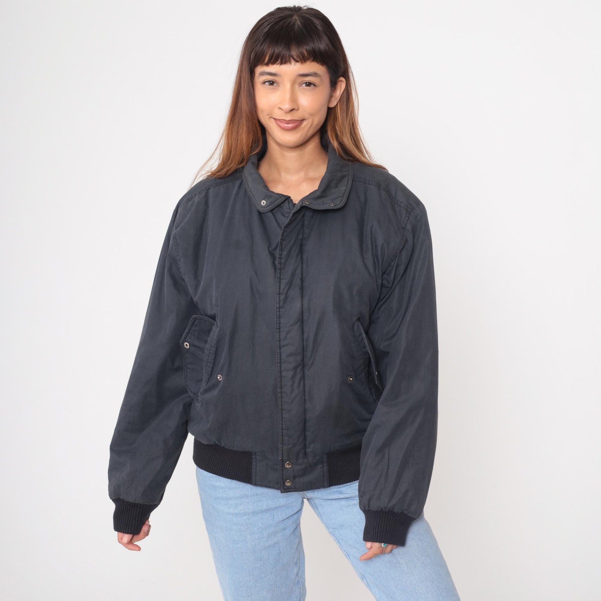 80s Members Only Bomber Jacket Black Raglan Snap Front Large