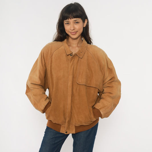 90s Marlboro Leather Bomber Jacket Tan Raglan Zip Front Map Lining Extra Large