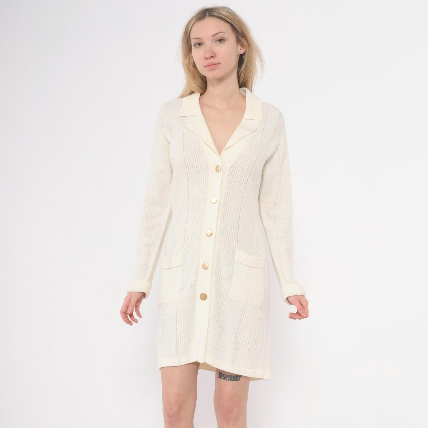 70s Cream Cable Knit Cardigan Dress Collared Button Front Large L
