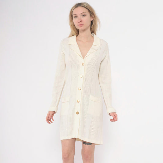 70s Cream Cable Knit Cardigan Dress Collared Button Front Large L