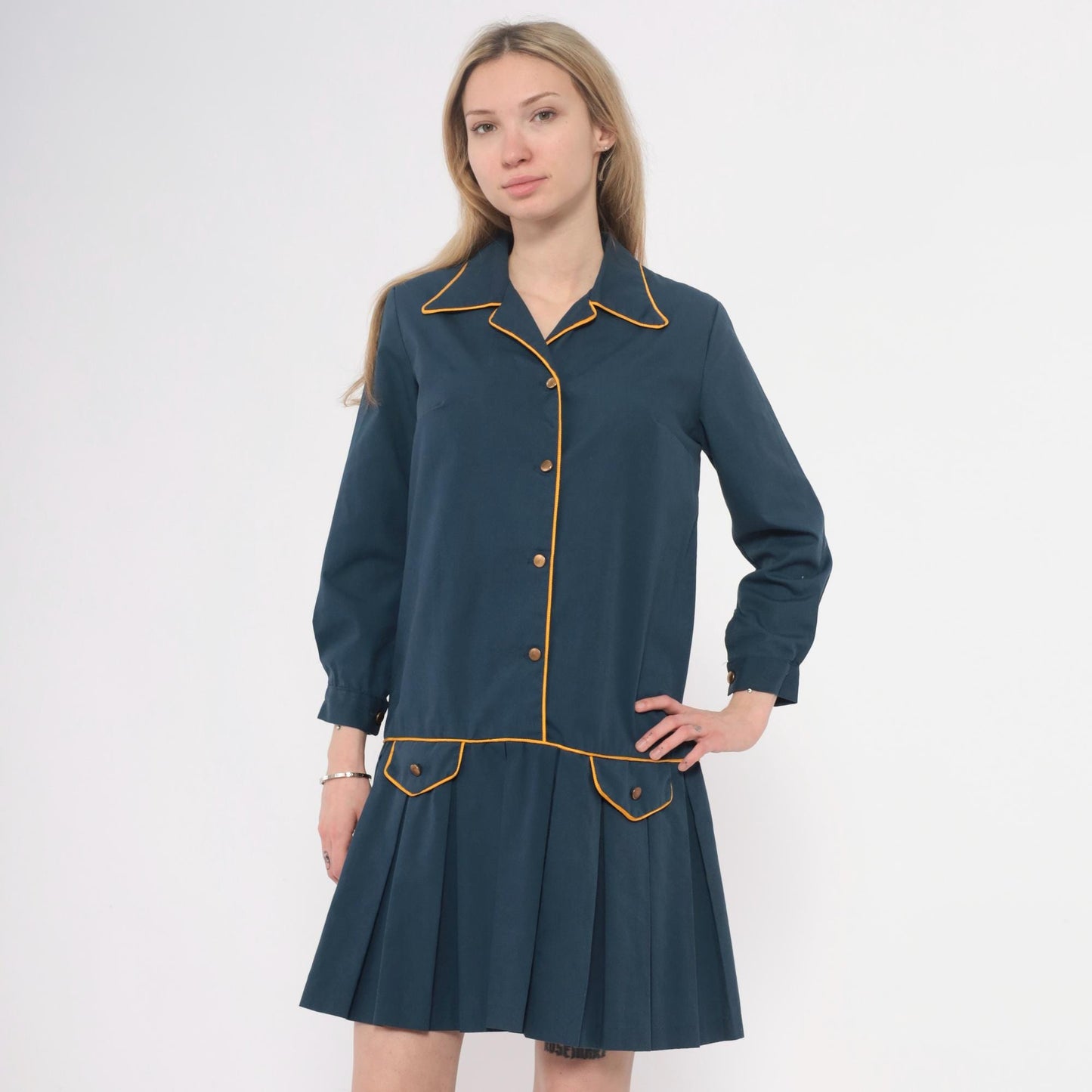 60s Navy Cotton Collared Drop Waist Dress Yellow Piping Pleated Small