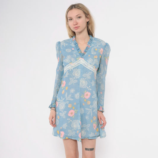 70s Light Blue Floral Mini Dress Long Sleeve Ruffle Lace Trim Small