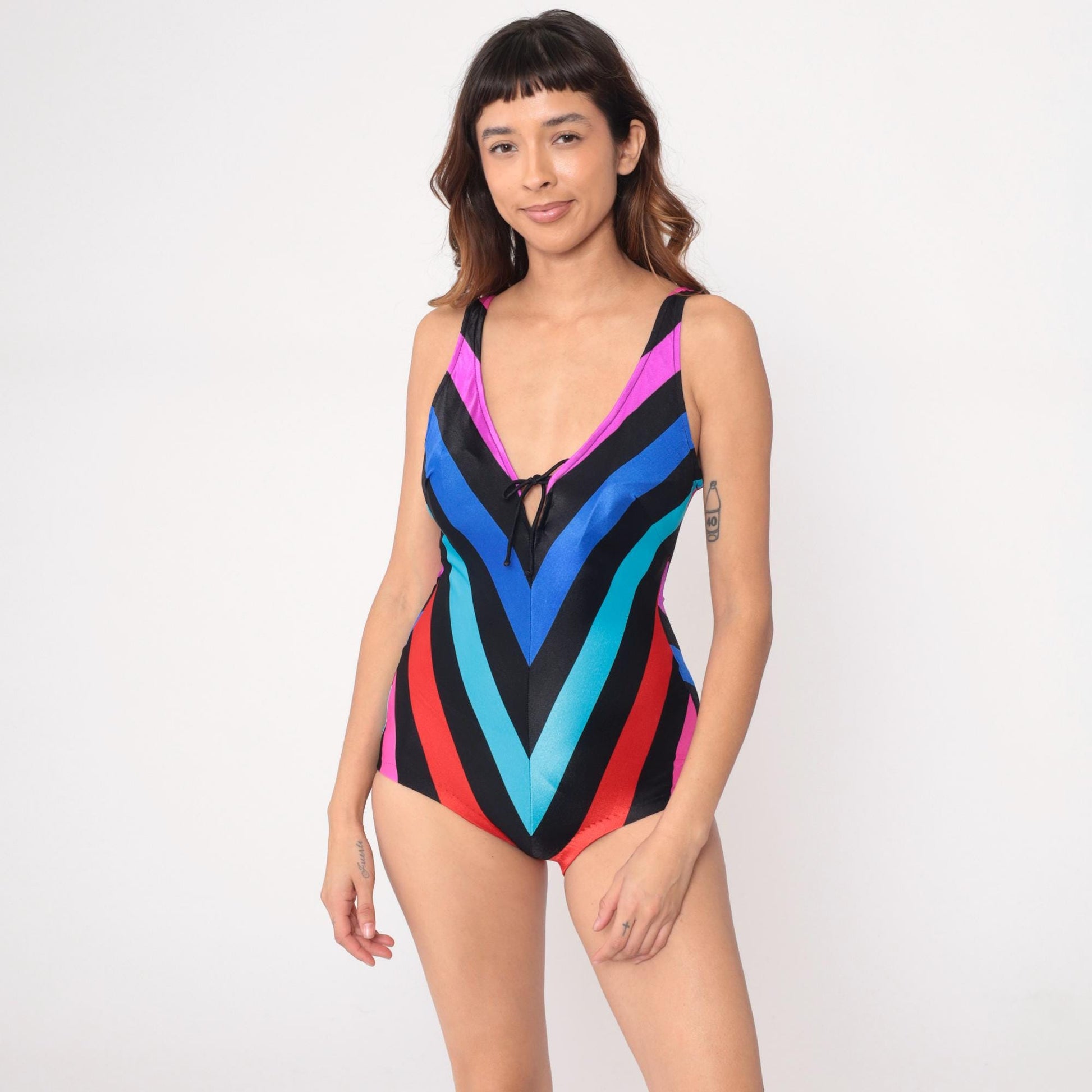 80s Cole of California Chevron Stripe One-Piece Swimsuit Black Rainbow Medium