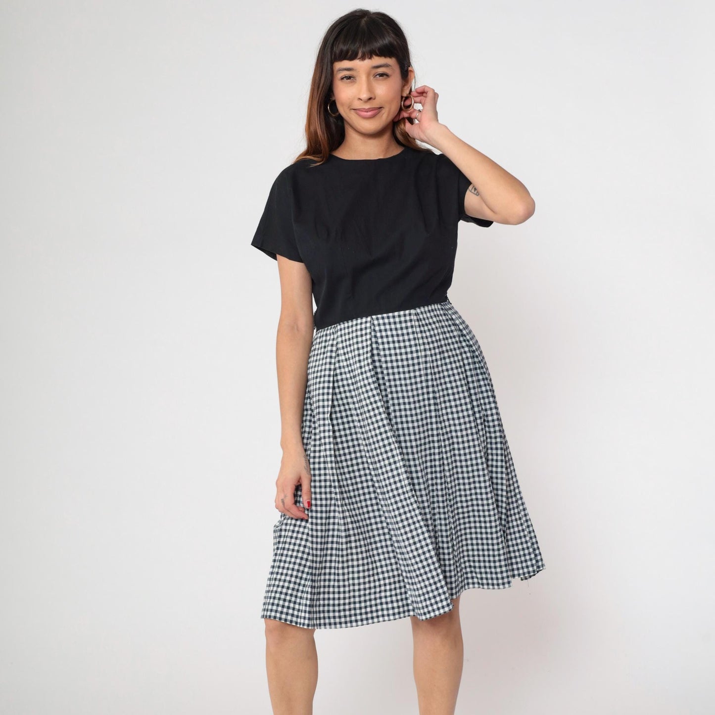 90s Black White Gingham Dress Crew Neck A-Line Knee Length Cotton Medium M
