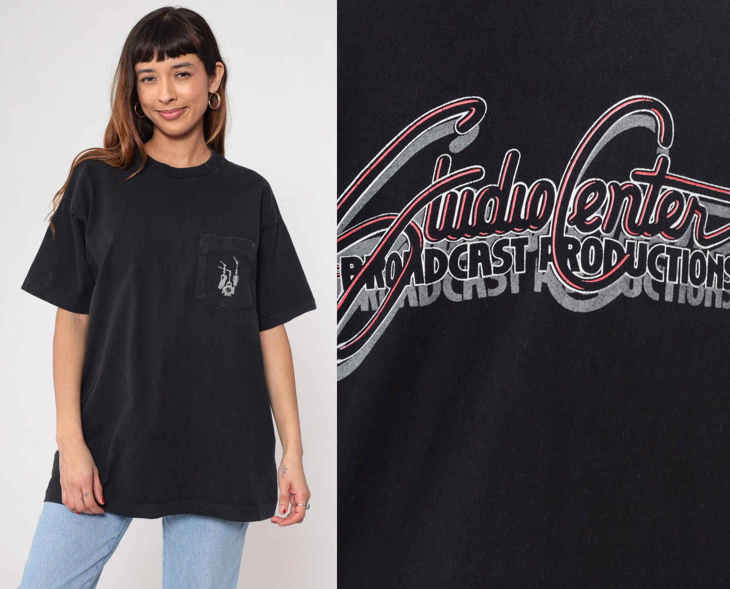 90s Studiocenter Broadcast Productions Graphic Pocket Tee Black Cotton Extra Large