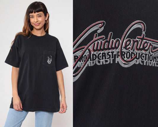 90s Studiocenter Broadcast Productions Graphic Pocket Tee Black Cotton Extra Large