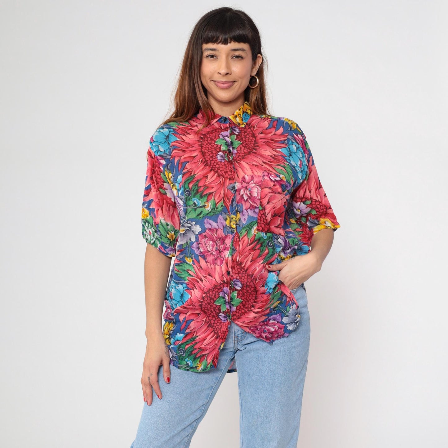 90s Floral Cotton Mandarin Collar Shirt Pink Dahlia Print Large L