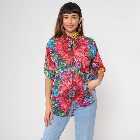 90s Floral Cotton Mandarin Collar Shirt Pink Dahlia Print Large L