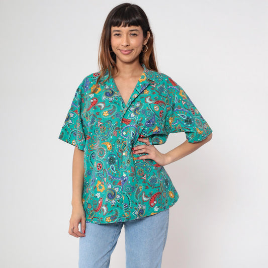 90s Hub Frankel Turquoise Paisley Button-Up Shirt Short Sleeve Large L