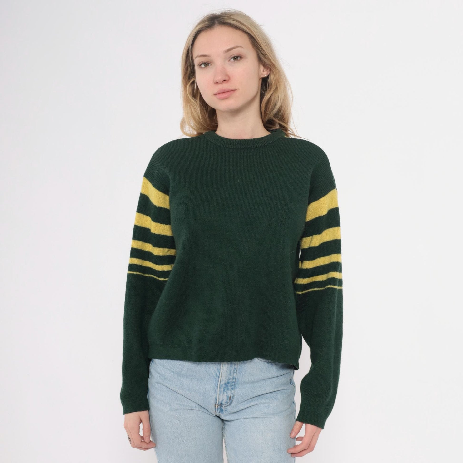 70s Norvyk by Renoir Wool Sweater Forest Green Striped Sleeves Large