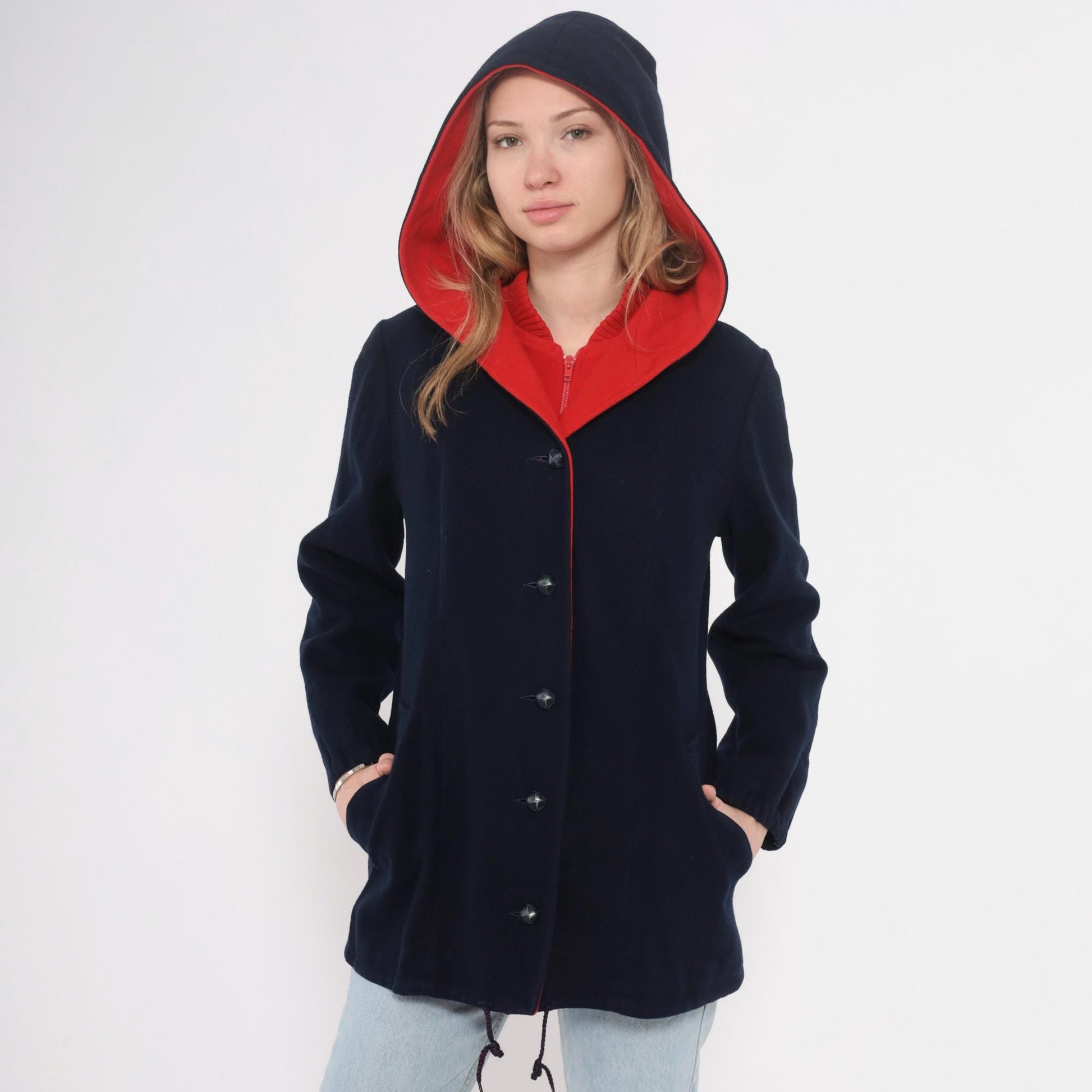 70s Mackintosh Wool Hooded Toggle Coat Navy Red Colour Block Medium