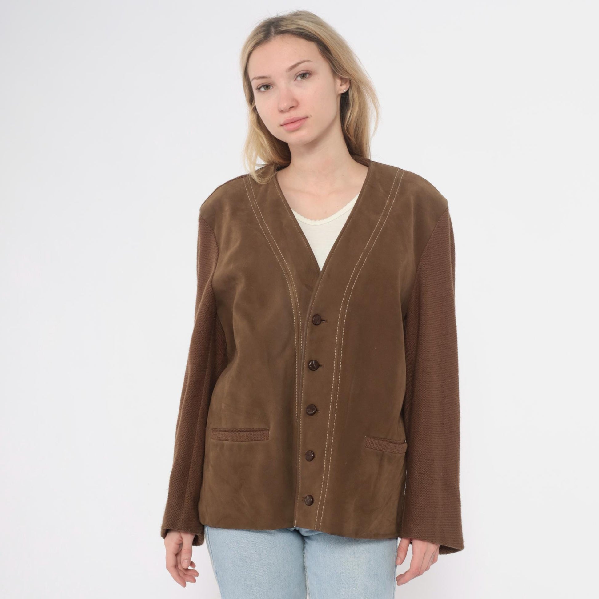 70s Brad Whitney Brown Wool Cardigan V-Neck Button Front Large L