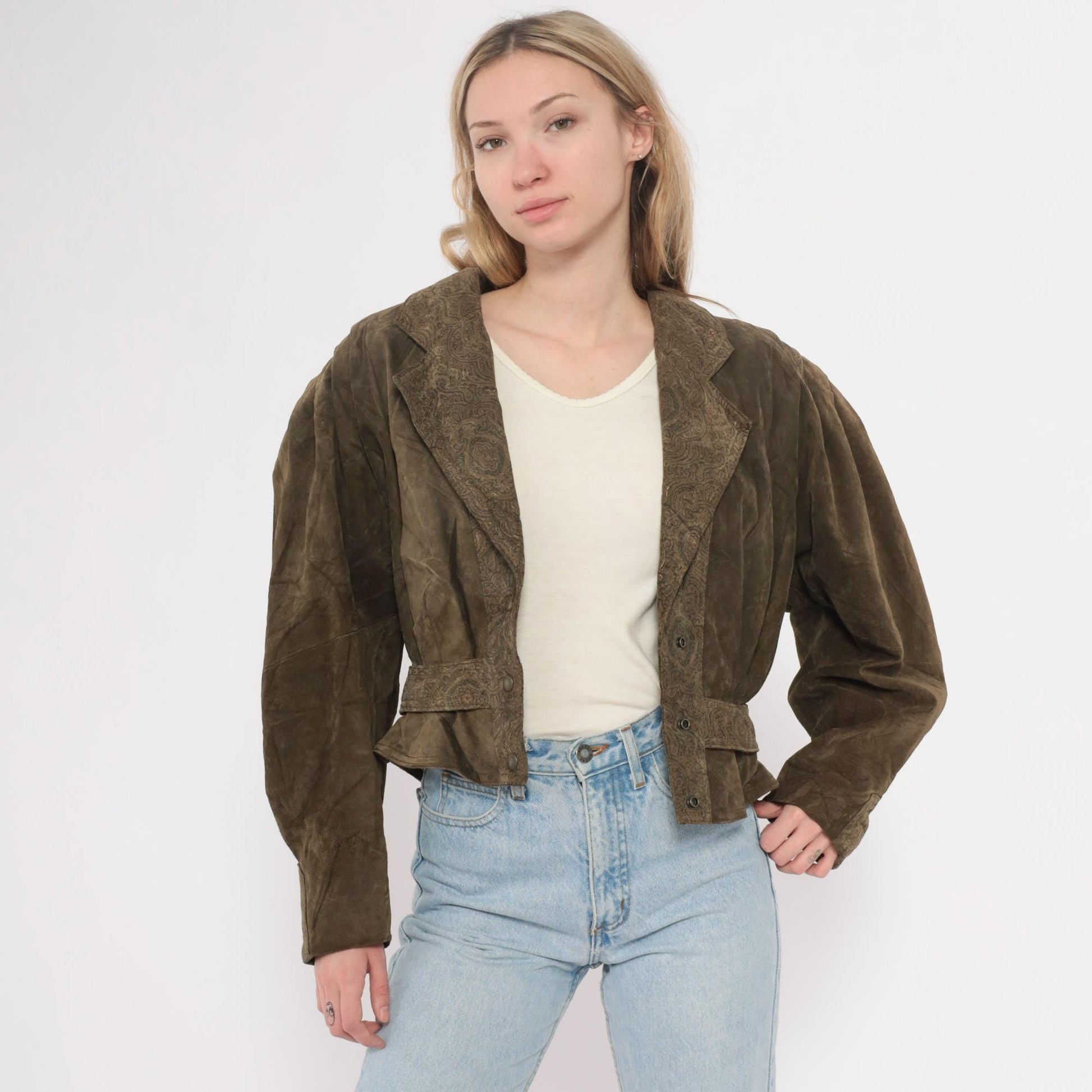 90s Olive Brown Leather Jacket Paisley Embossed Belted Cropped Small