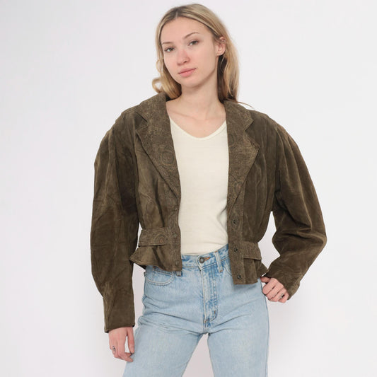 90s Olive Brown Leather Jacket Paisley Embossed Belted Cropped Small