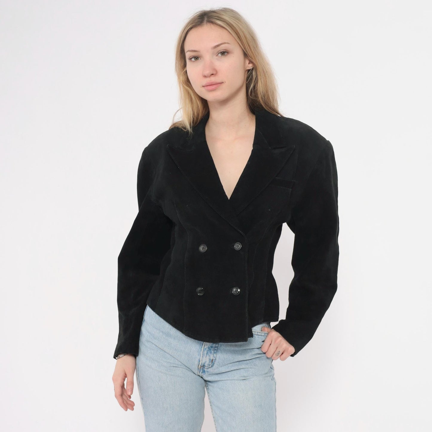 90s Winlit Black Leather Double Breasted Cropped Blazer Notched Lapel Small S