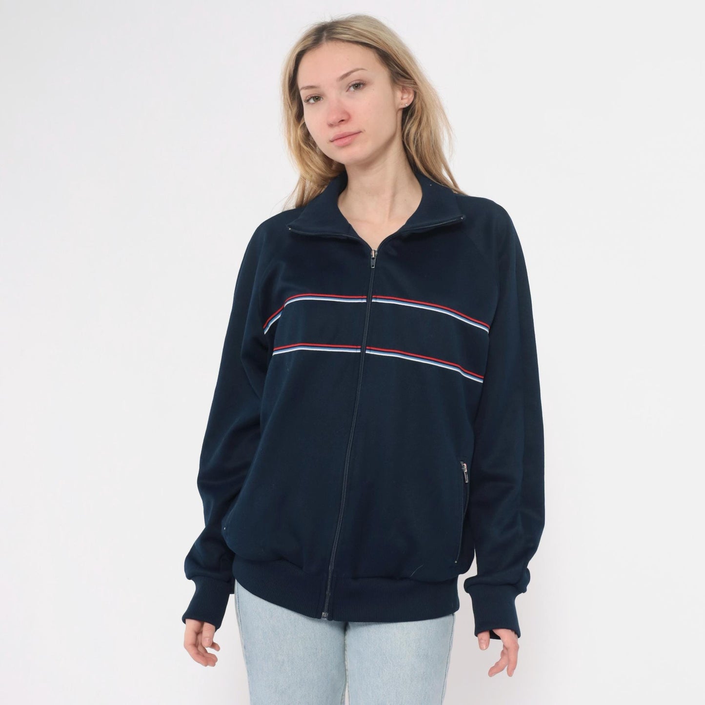 80s The Sports Scene Navy Track Jacket Striped Raglan Zip Large L