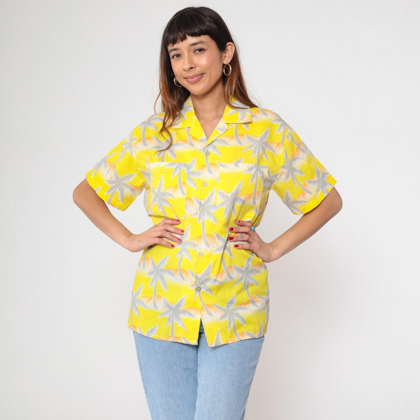 80s Tropicana Hawaiian Shirt Yellow Palm Tree Orange White Small
