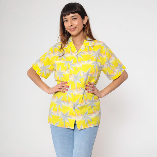 80s Tropicana Hawaiian Shirt Yellow Palm Tree Orange White Small