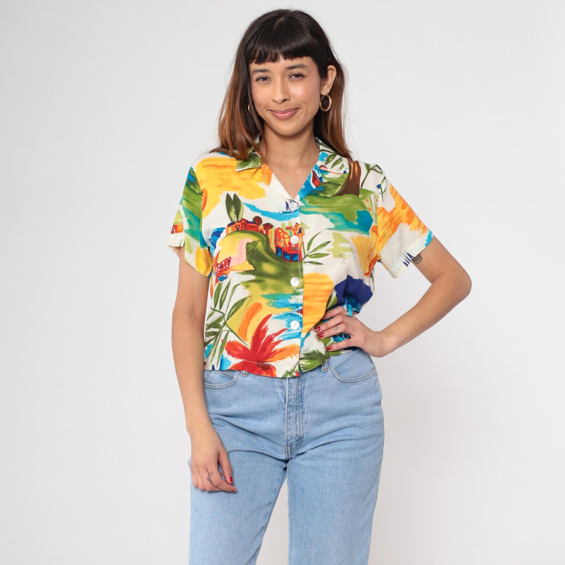90s Tropical Print Button-Up Shirt Palm Trees Sailboats Medium