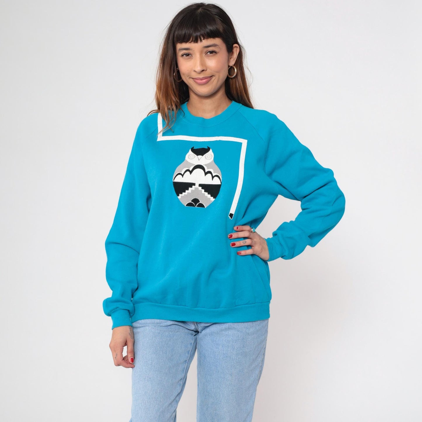 90s Jerzees Owl Graphic Sweatshirt Turquoise Raglan Extra Large XL