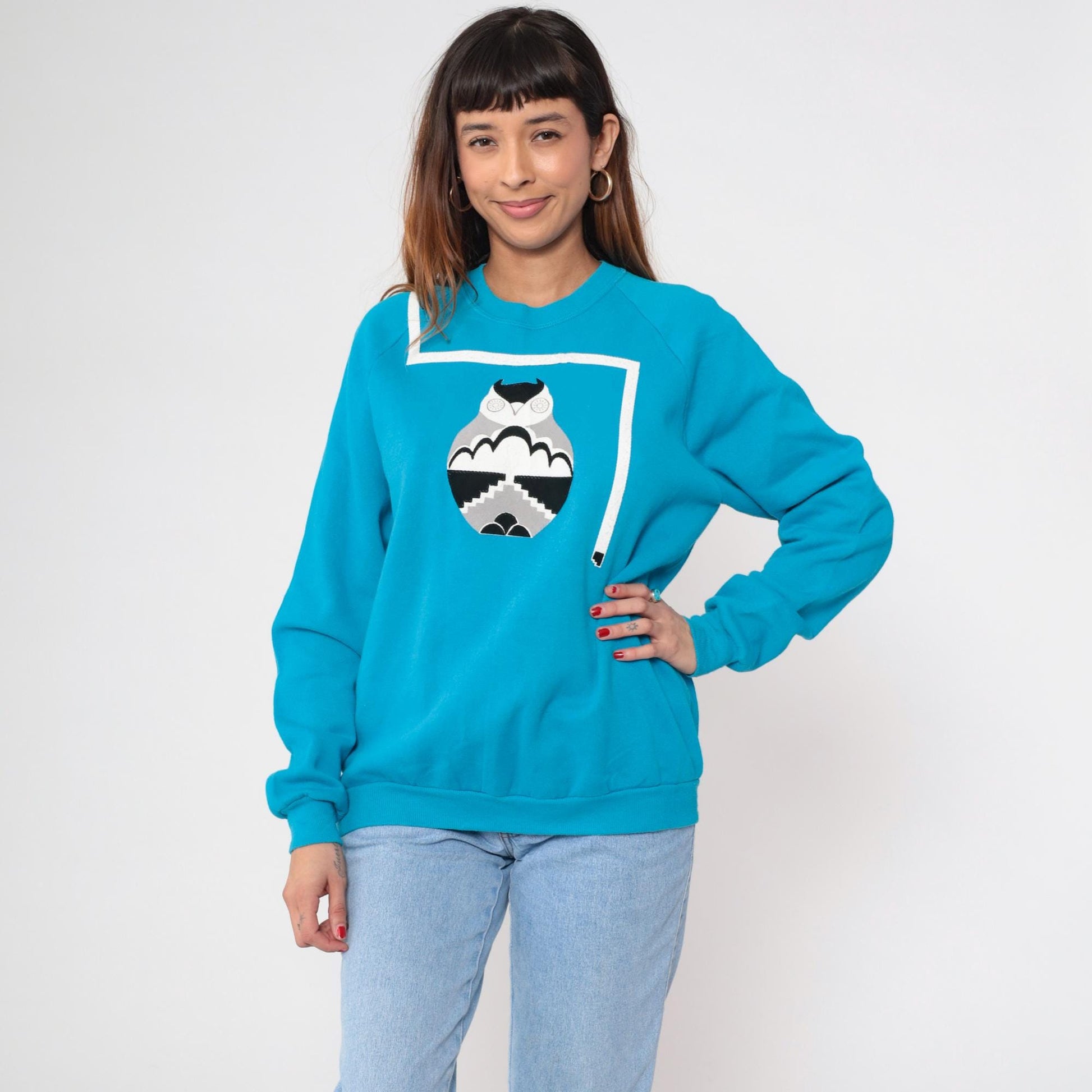 90s Jerzees Owl Graphic Sweatshirt Turquoise Raglan Extra Large XL