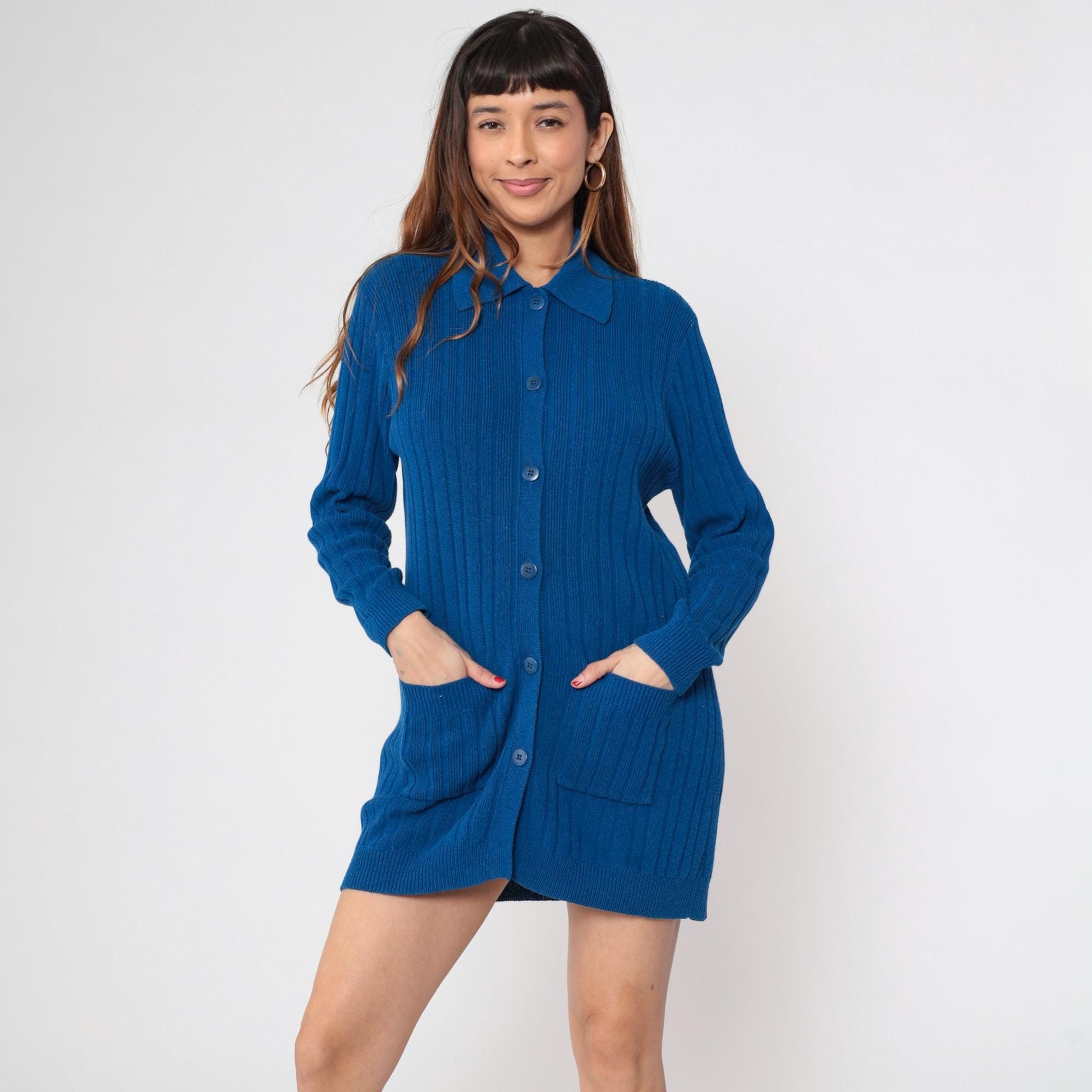 80s Andrea Jovine Blue Ribbed Cardigan Pointed Collar Pockets Large L