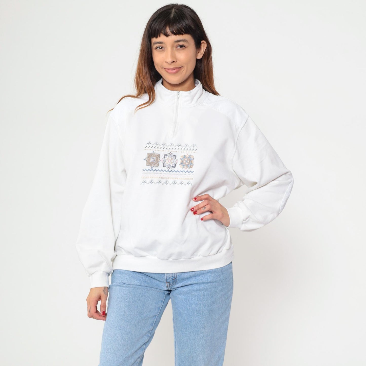 80s Alfred Dunner Quarter-Zip Sweatshirt White Geometric Embroidered Extra Large