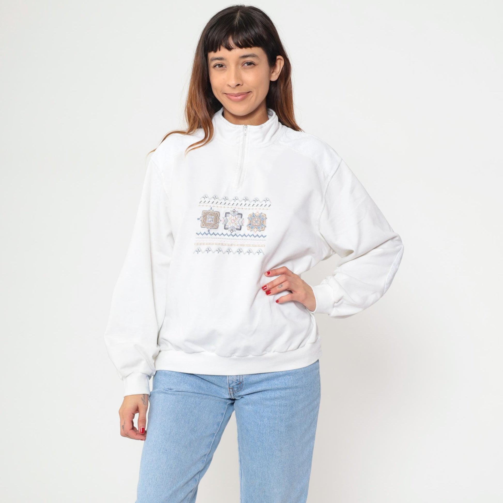 80s Alfred Dunner Quarter-Zip Sweatshirt White Geometric Embroidered Extra Large