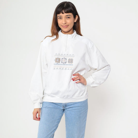80s Alfred Dunner Quarter-Zip Sweatshirt White Geometric Embroidered Extra Large