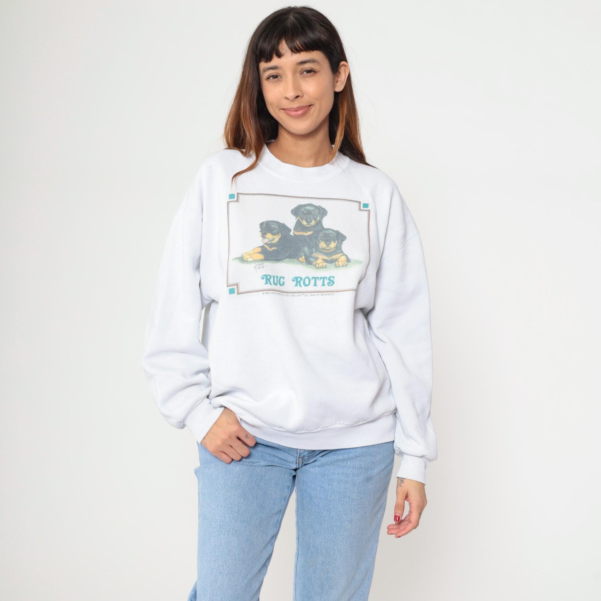 90s Rottweiler Puppies Graphic Sweatshirt White Jerzees Crewneck Extra Large XL