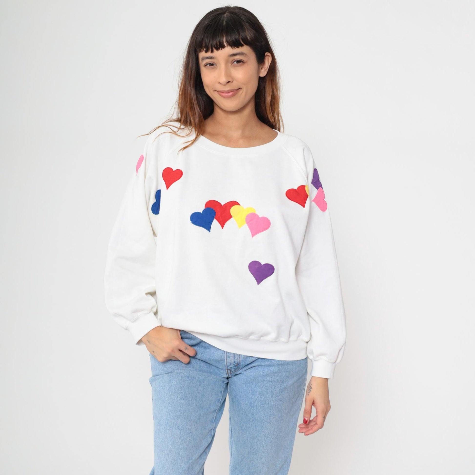 90s Partners II Heart Sweatshirt White Multicolour Appliqué Crewneck Extra Large XXL