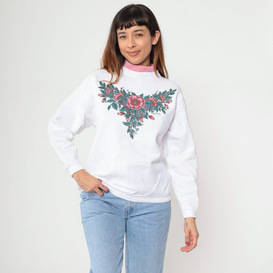 90s White Floral Mock Neck Sweatshirt Pink Collar Cotton Petite Large