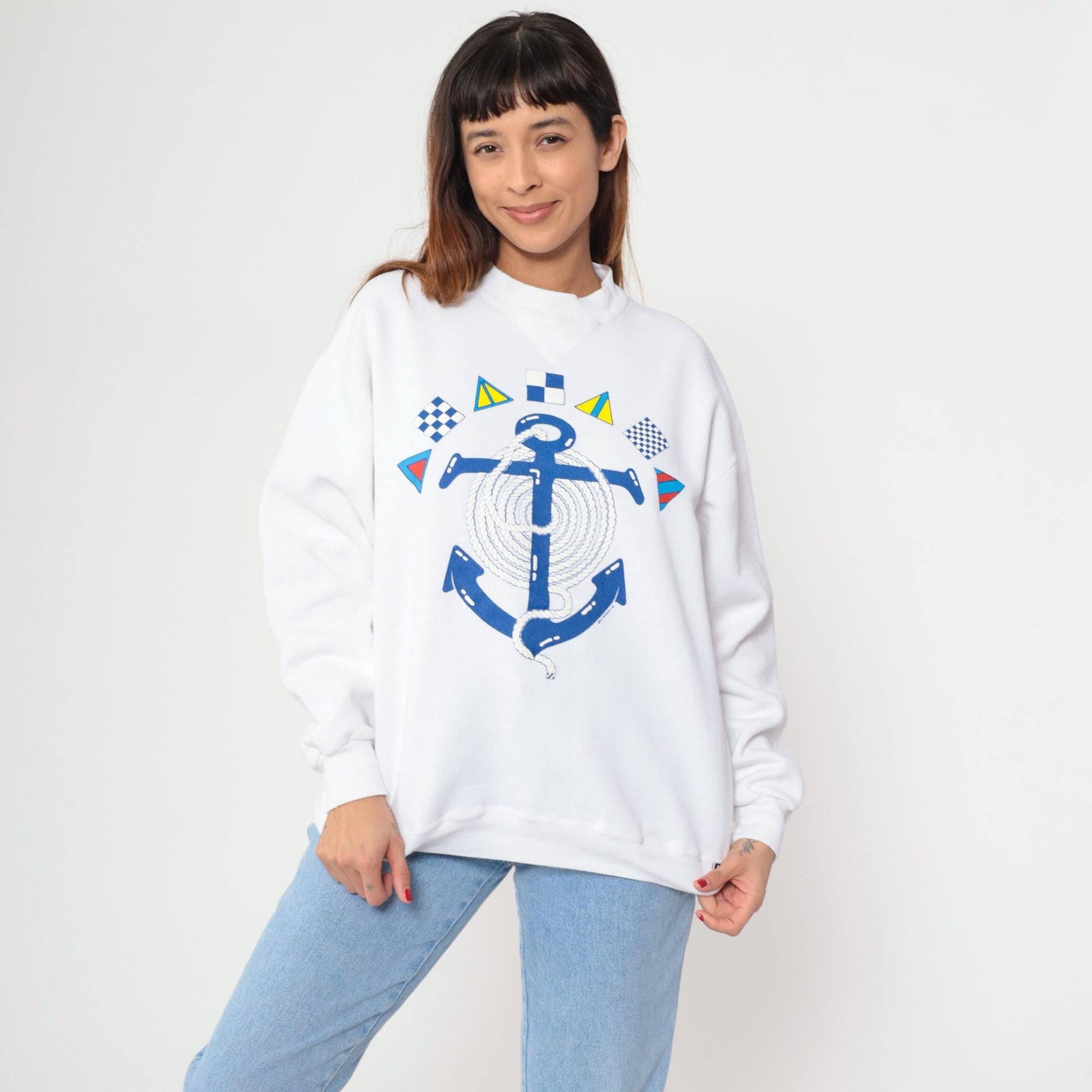 90s Russell Athletic Nautical Anchor Sweatshirt White Embroidered Signal Flags Extra Large XL