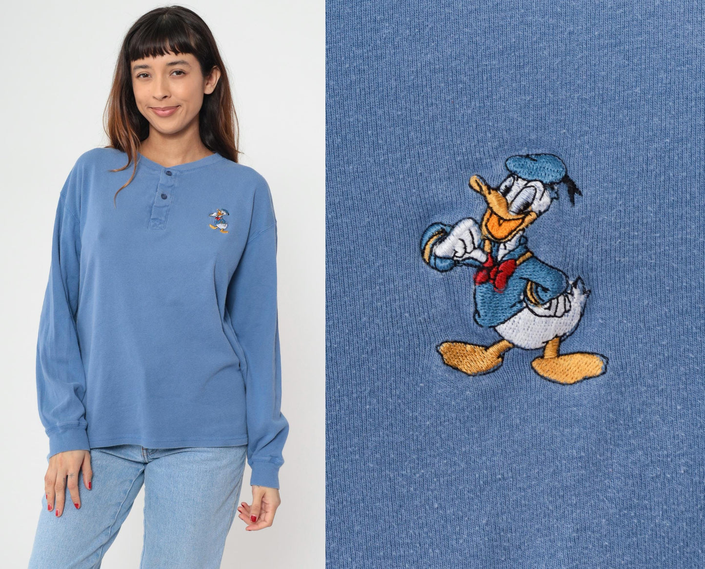 90s Donald Duck Henley Shirt Periwinkle Blue Embroidered Cotton Medium