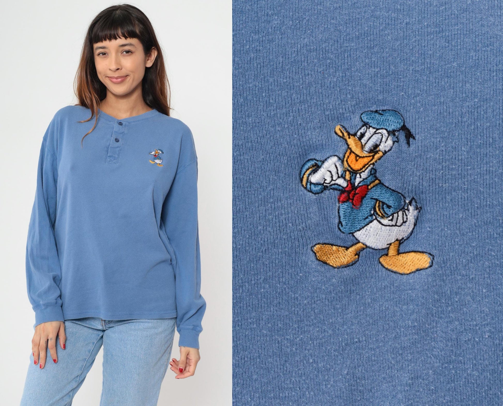 90s Donald Duck Henley Shirt Periwinkle Blue Embroidered Cotton Medium