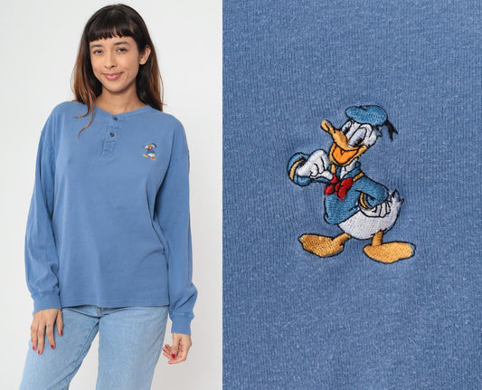 90s Donald Duck Henley Shirt Periwinkle Blue Embroidered Cotton Medium