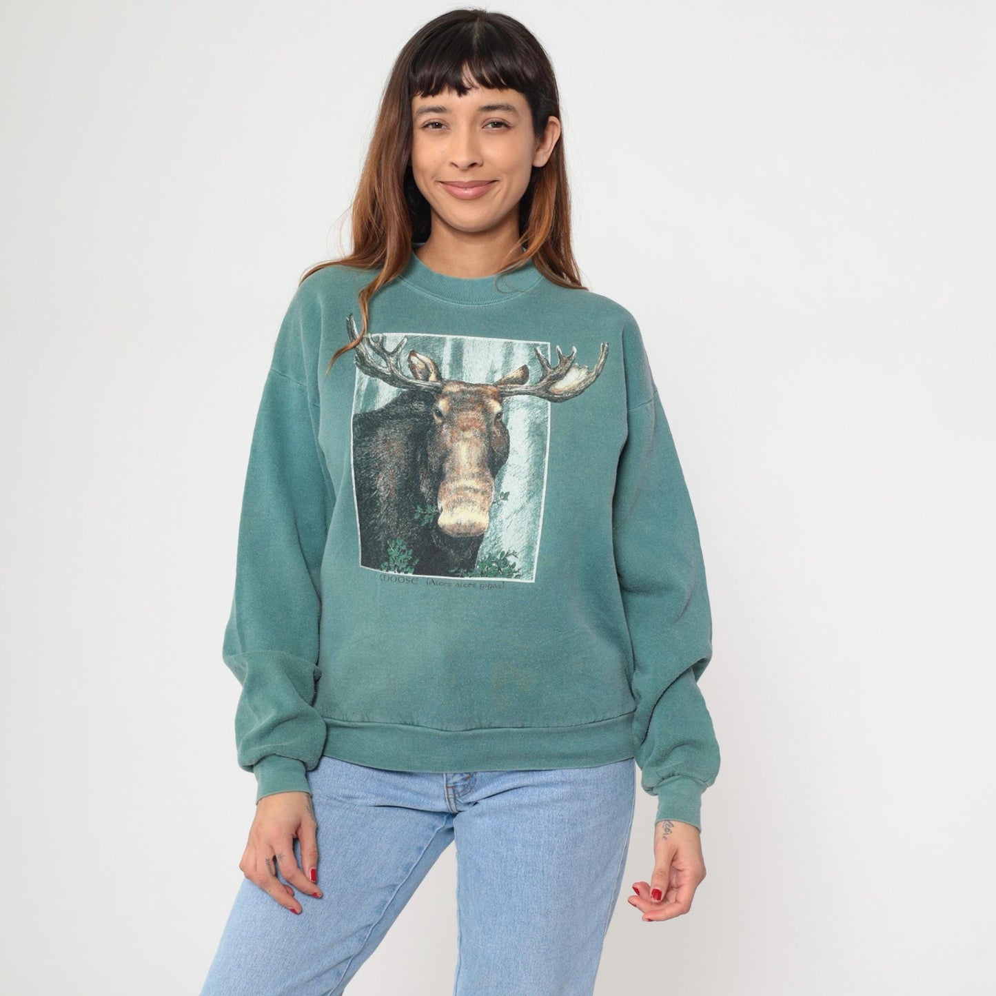 90s Moose Graphic Sweatshirt Sage Green Crewneck Pullover Large L