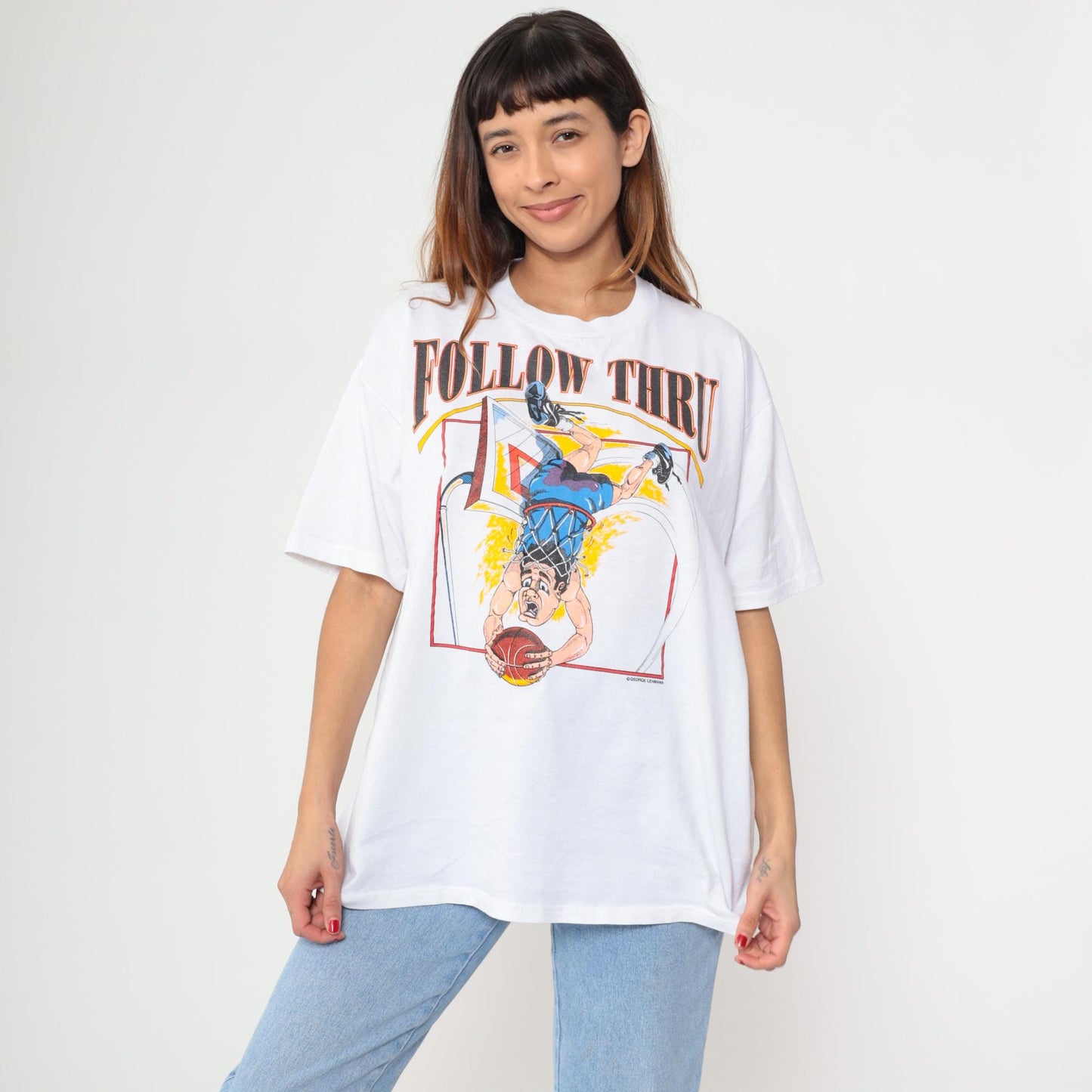90s Jerzees Follow Thru Basketball Graphic Tee White Cartoon Dunk Extra Large XL