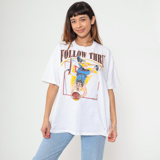 90s Jerzees Follow Thru Basketball Graphic Tee White Cartoon Dunk Extra Large XL