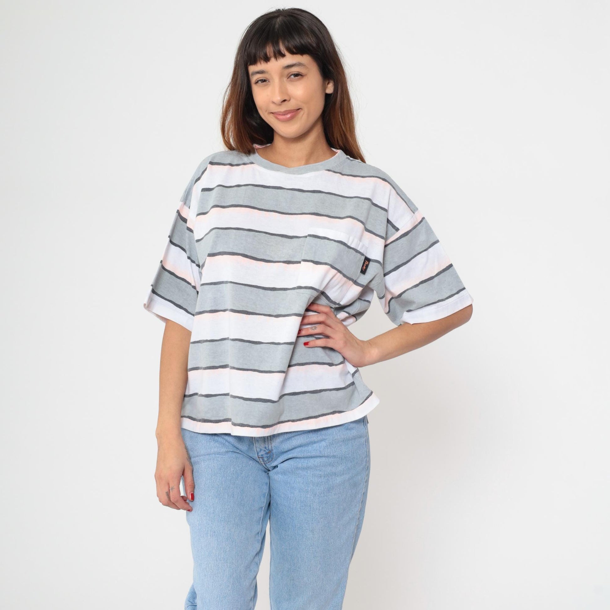 90s Striped T-Shirt Grey White Pink Charcoal Horizontal Crew Neck Medium