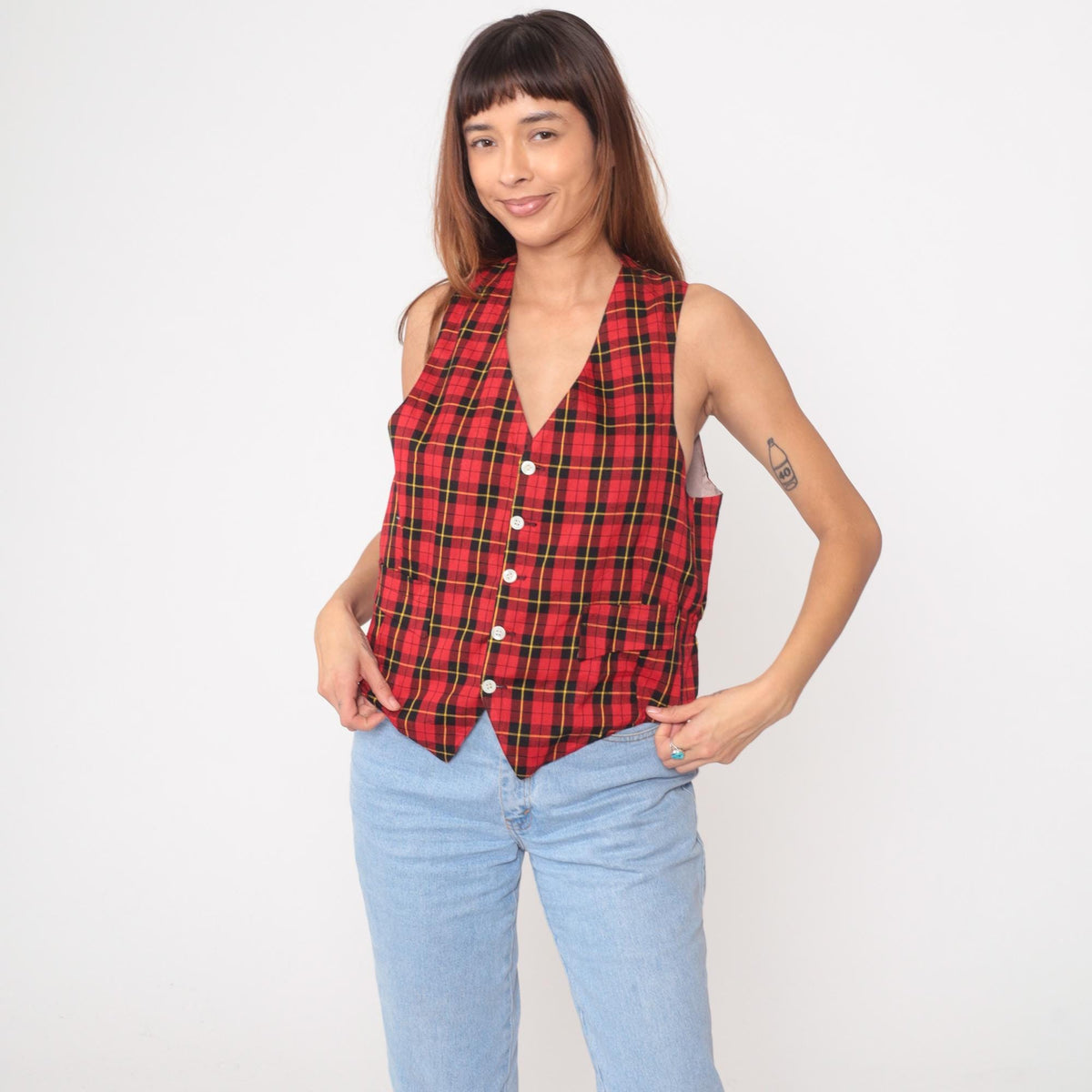 80s Red Plaid Wool Vest Button-Front V-Neck Sleeveless Small S